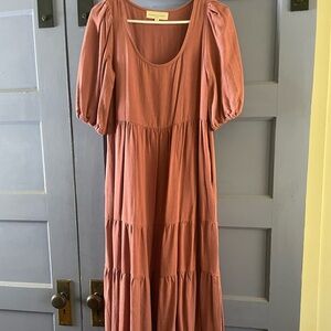 Linen Dusty Rose Puff Sleeve Midi Dress